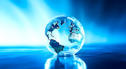 glass globe showing the continents of North America, South America, Europe, and Africa, with a serene blue water background
