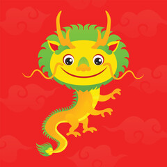 Chinese dragon zodiac flying in clouds. Cartoon cute character vector. Chinese new year 2024 element. Happy new year greeting card.