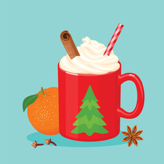 Cocoa with whipped cream and cinnamon stick in red mug decorated with Christmas tree. Winter holiday card. Vector cartoon flat illustration.