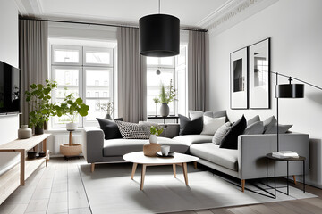 Obraz na płótnie Canvas Studio apartment with white corner sofa. Scandinavian home interior design of modern living room. Generative AI