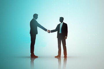 Minimal flat graphic illustration art of two businessmen in suits shaking hands at a business corporate meeting isolated on a simple background. Generative AI.