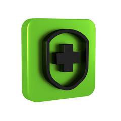 Black Medical shield with cross icon isolated on transparent background. Protection, safety, password security. Green square button.