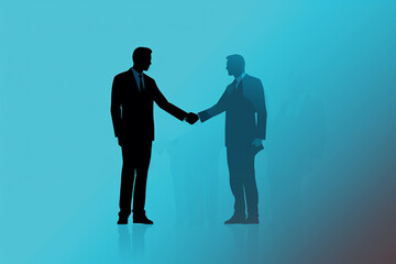 Minimal flat graphic illustration art of two businessmen in suits shaking hands at a business corporate meeting isolated on a simple background. Generative AI.