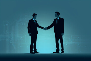 Minimal flat graphic illustration art of two businessmen in suits shaking hands at a business corporate meeting isolated on a simple background. Generative AI.