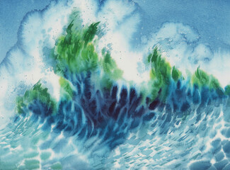 Big sea wave in the storm watercolor background - 682898295