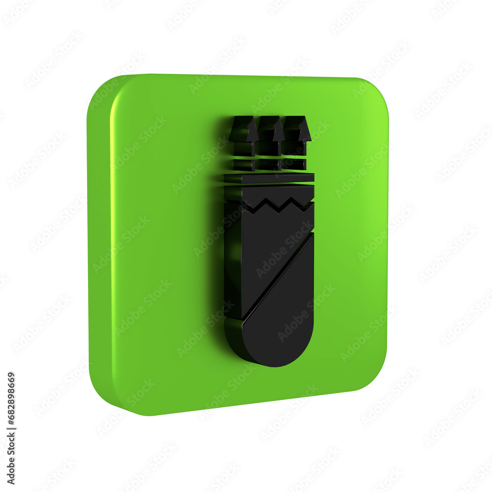 Poster black quiver with arrows icon isolated on transparent background. green square button.
