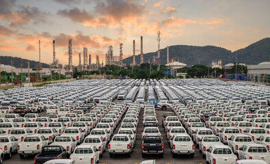 Aerial view new cars parking for sale stock lot row, New cars dealer inventory import export...