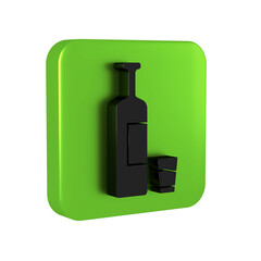 Black Whiskey bottle and glass icon isolated on transparent background. Green square button.