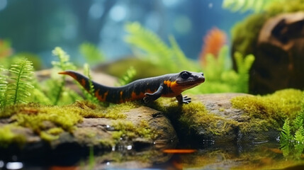 Alpine newt (Ichthyosaura alpestris) colorful male aquatic amphibian swimming in freshwater habitat - obrazy, fototapety, plakaty