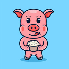 cute cartoon pig, holding a bowl filled with rice.