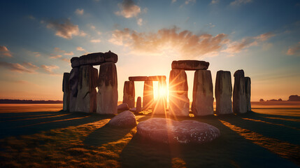 A view of Stonehenge, capturing the vastness of the surrounding landscape, as the sun sets behind the iconic stones, creating a captivating silhouette against the horizon. Ai Generated.NO.04
