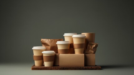 Styrofoam cup packaging, snack paper bag blank label mock up template.