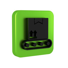 Black Conveyor belt with cardboard box icon isolated on transparent background. Green square button.