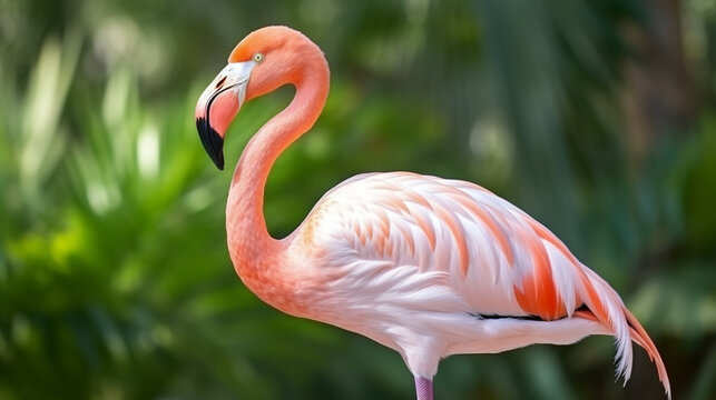 American flamingo (Phoenicopterus ruber) or Caribbean flamingo. Big bird is relaxing. generative ai