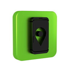 Black Mobile smart phone with app delivery tracking icon isolated on transparent background. Parcel tracking. Green square button.