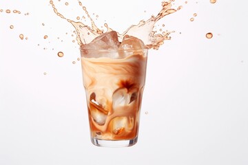 Iced coffee splashing isolated on white background, copy space