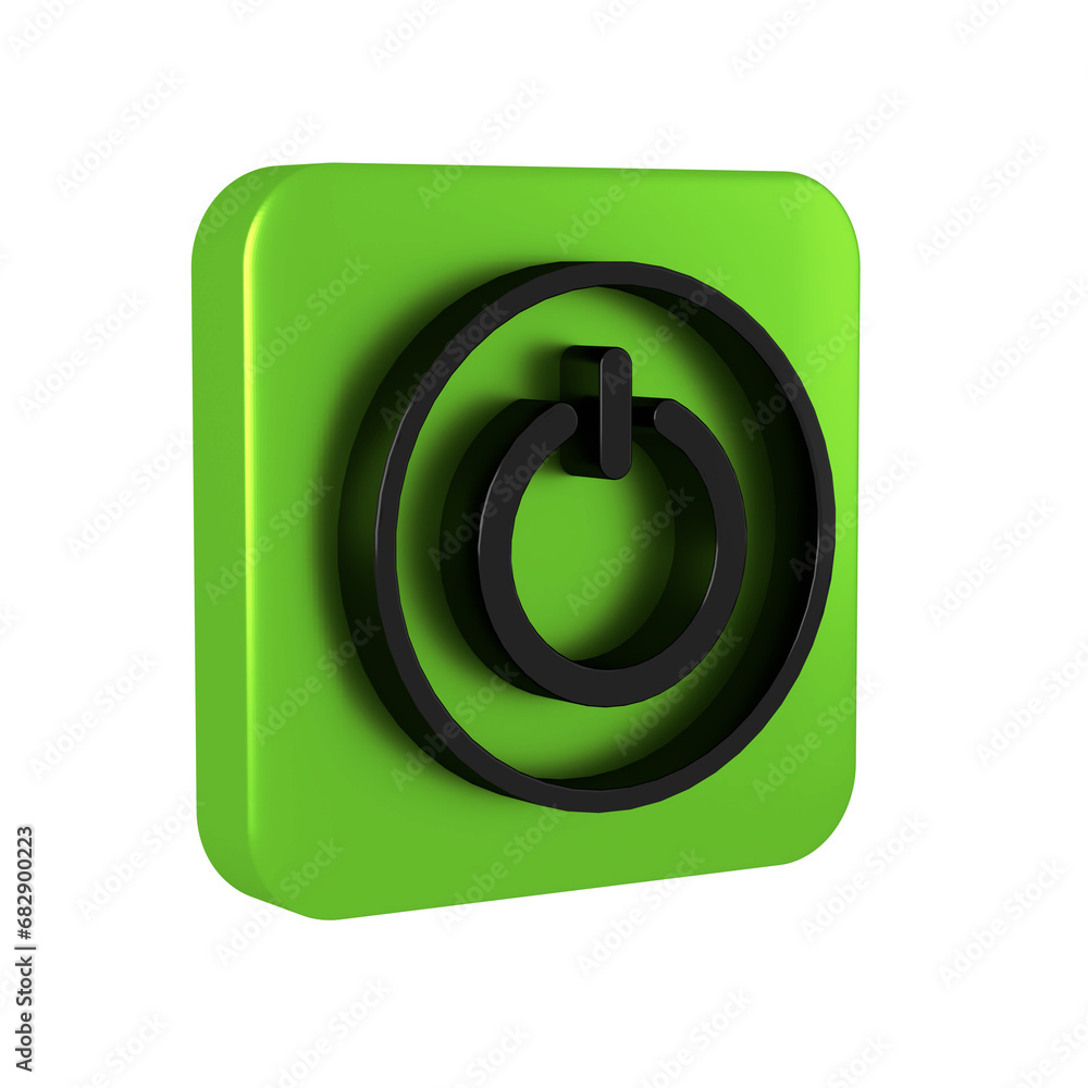 Poster black power button icon isolated on transparent background. start sign. green square button.