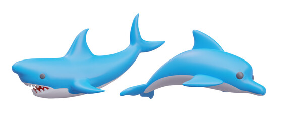 Shark and cute dolphin in blue colors. Shark fish mascot design concept. Collection of toy ocean animal. Vector illustration in 3d style on white background