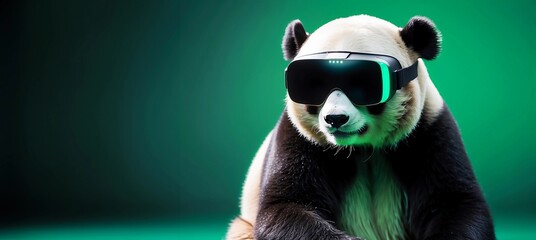 Cyber panda bear wearing VR Headset isolated on an green simulation metaverse background