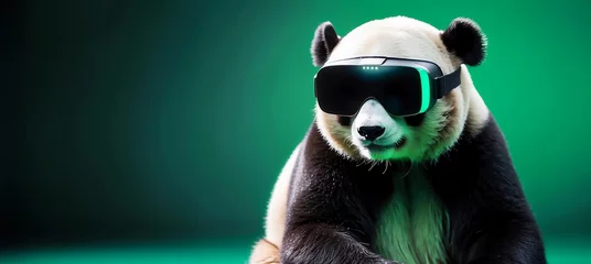 Poster Cyber panda bear wearing VR Headset isolated on an green simulation metaverse background © Anisgott