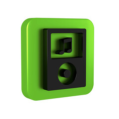 Black Music player icon isolated on transparent background. Portable music device. Green square button.