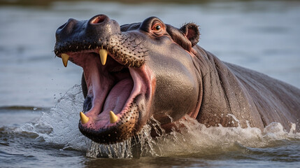 Angry hippo Hippopotamus amphibius, hippo with a wide open mouth displaying dominance. generative ai - obrazy, fototapety, plakaty