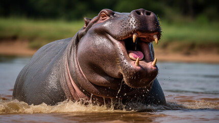 Angry hippo Hippopotamus amphibius, hippo with a wide open mouth displaying dominance. generative ai