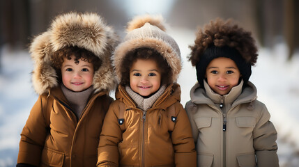 Happy smiling multiracial children on winter walk