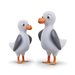 Big and small seagull with orange beak. Pair of seabirds. Isolated vector image in children style. Funny characters. Family of seagulls. Modern web design