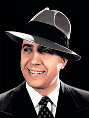 Montevideo, Uruguay; 1933: Portrait of Carlos Gardel. Color vector. Tango singer smiles with a hat looking at the camera. Musician Icon of South America. Historic old photography.