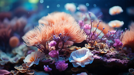 Coral reef background. Undersea tropical world. Turquoise and pastel pink coloured coral reef, anemone and sea plant