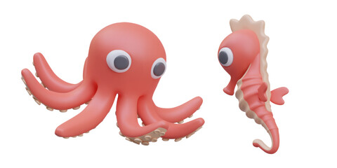 Composition with seahorse and octopus. Cartoon marine animals swimming on white background. Realistic animals for computer game. Vector illustration in 3d style