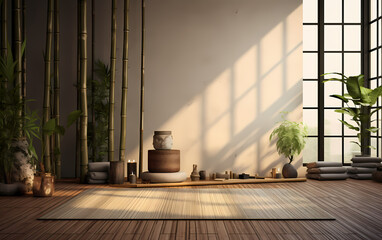 The interior of a cozy room in an Asian style designed for practicing yoga
