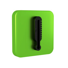 Black Meteorology thermometer measuring icon isolated on transparent background. Thermometer equipment showing hot or cold weather. Green square button.