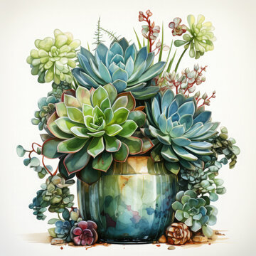 watercolor succulent arrangement in glass vase clip art preview