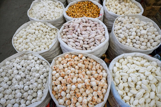 Kurut, a traditional Kyrgyz snack made from sour milk or yoghurt, in the Osh Bazaar in Bishkek, Kyrgyzstan.