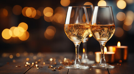 Champagne glasses, surrounded with shiny golden serpentines swirls and glitter, Happy New Year 