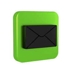 Black Envelope icon isolated on transparent background. Email message letter symbol. Green square...