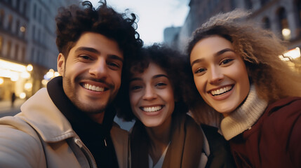 Fototapeta premium Multiracial friends taking selfie pic with smart mobile phone outside