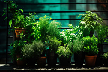 Urban community garden, balcony herb garden concept. Beautiful lush herb garden on city apartment balcony, with pots of basil, mint, rosemary thriving in the urban environment
