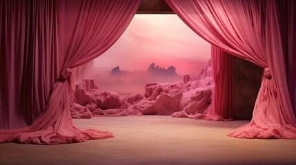 Pink scene with a pink curtain on the left and nothing else in the space