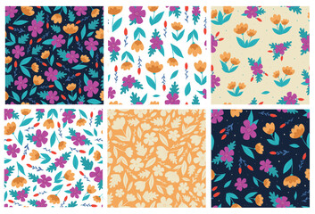 set of floral seamless patterns with abstract flowers and leaves for wallpaper, textile prints, scrapbooking, stationary, wrapping paper, etc. EPS 10