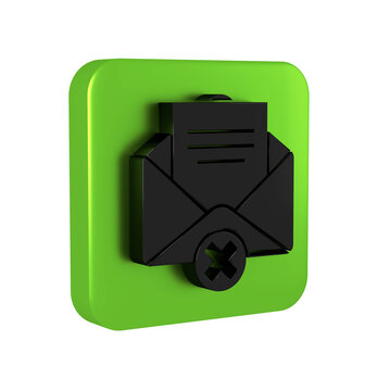 Black Delete envelope icon isolated on transparent background. Delete or error letter. Cross on message. Rejected mail. Green square button.