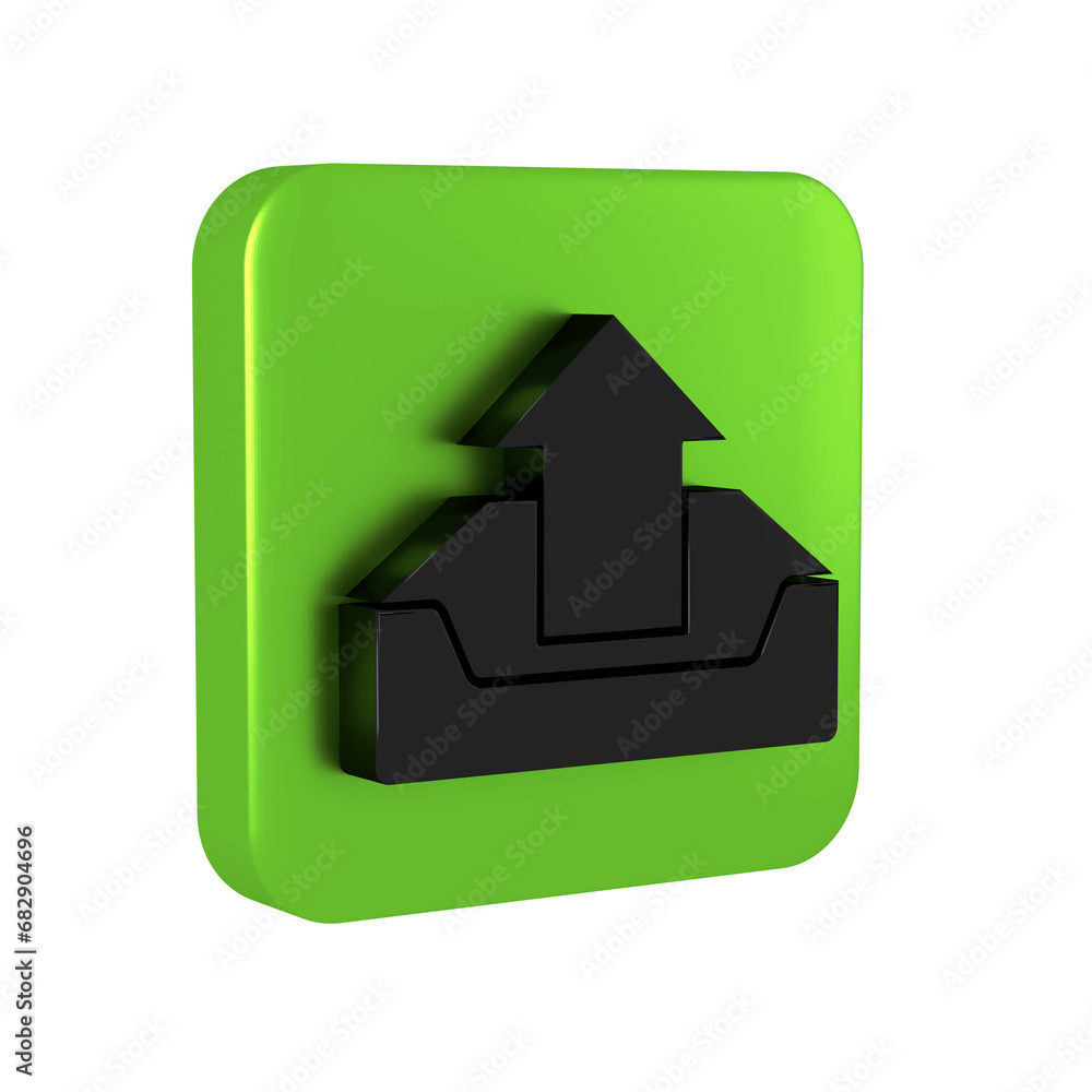 Poster black upload inbox icon isolated on transparent background. green square button.