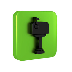 Black Mail box icon isolated on transparent background. Mailbox icon. Mail postbox on pole with flag. Green square button.