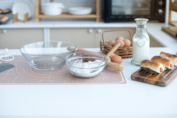 Bakery kitchen. Bakery ingredients placed on the table, prepare to make homemade bakery with copy space , concept of food preparation