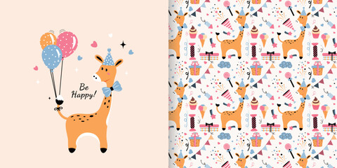 A children's greeting card with a cute giraffe and balloons for a baby shower. Seamless background, vector texture for baby bedding, fabric, wallpaper, wrapping paper, textiles and more. - obrazy, fototapety, plakaty