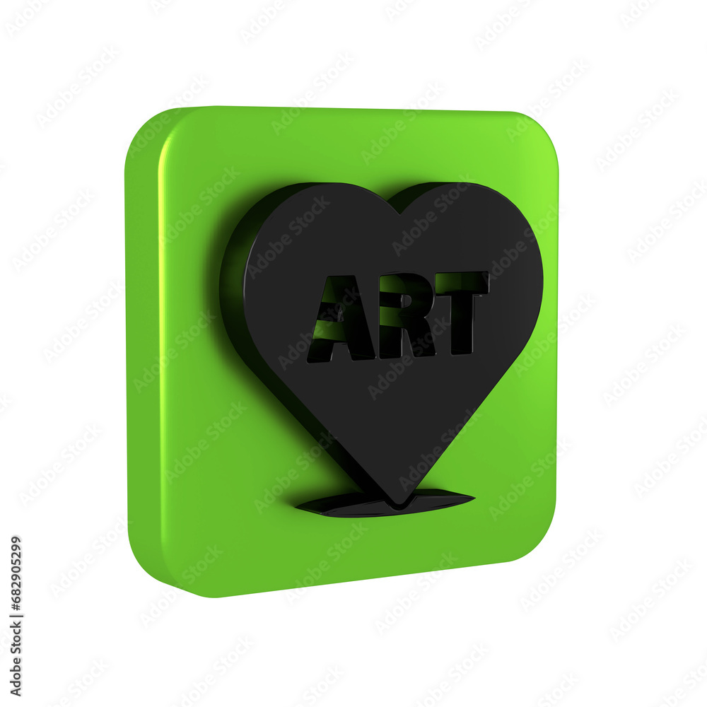 Poster black heart with text art icon isolated on transparent background. green square button.