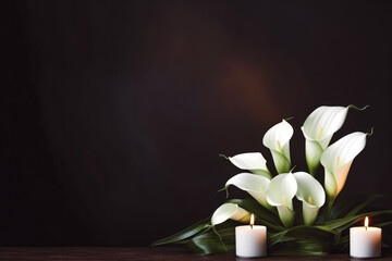 Burning candles and calla flowers on black background. Background for greeting card. Black and white. Flowers on black background.