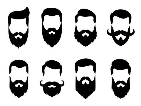 Set bearded hipster men faces with different haircuts, mustaches, beards. Trendy man avatar, silhouettes, heads, emblems, icons, labels. Barber shop vector illustration